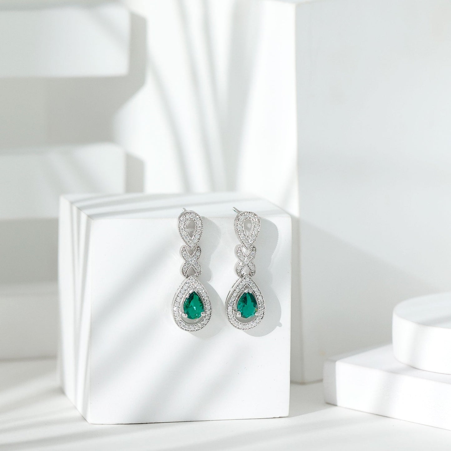 Silver Lab Grown Emerald Wedding Dangle Earrings With Certificate