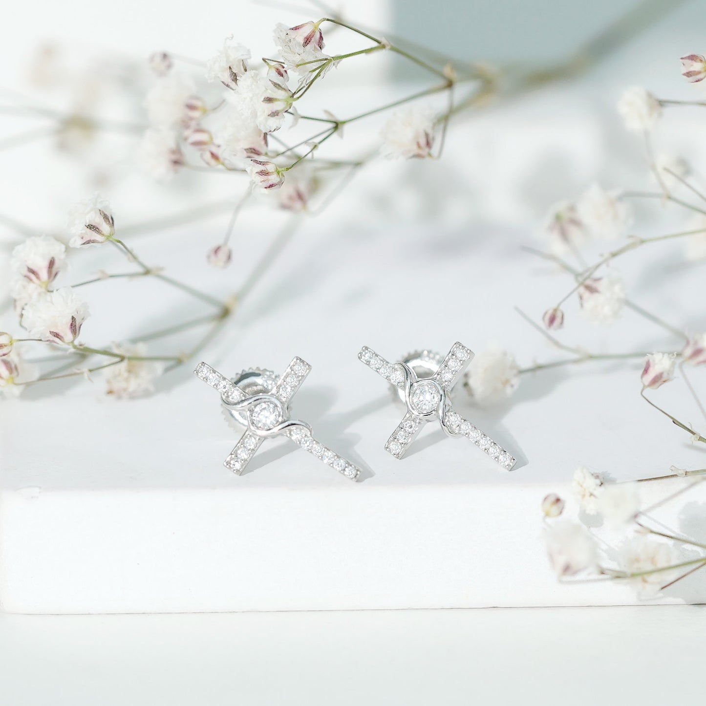 Certified Moissanite Cross Stud Earrings in Silver