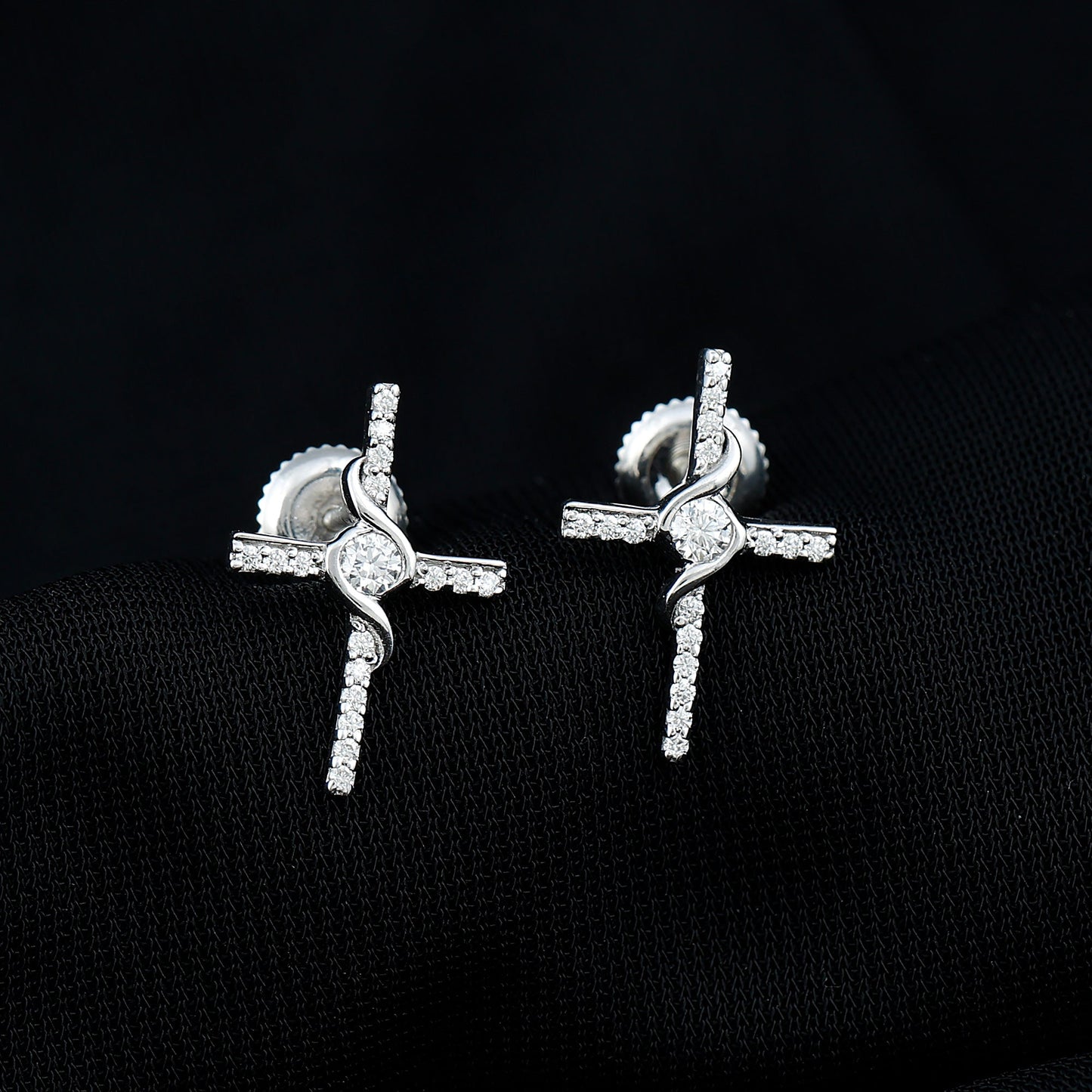 Certified Moissanite Cross Stud Earrings in Silver