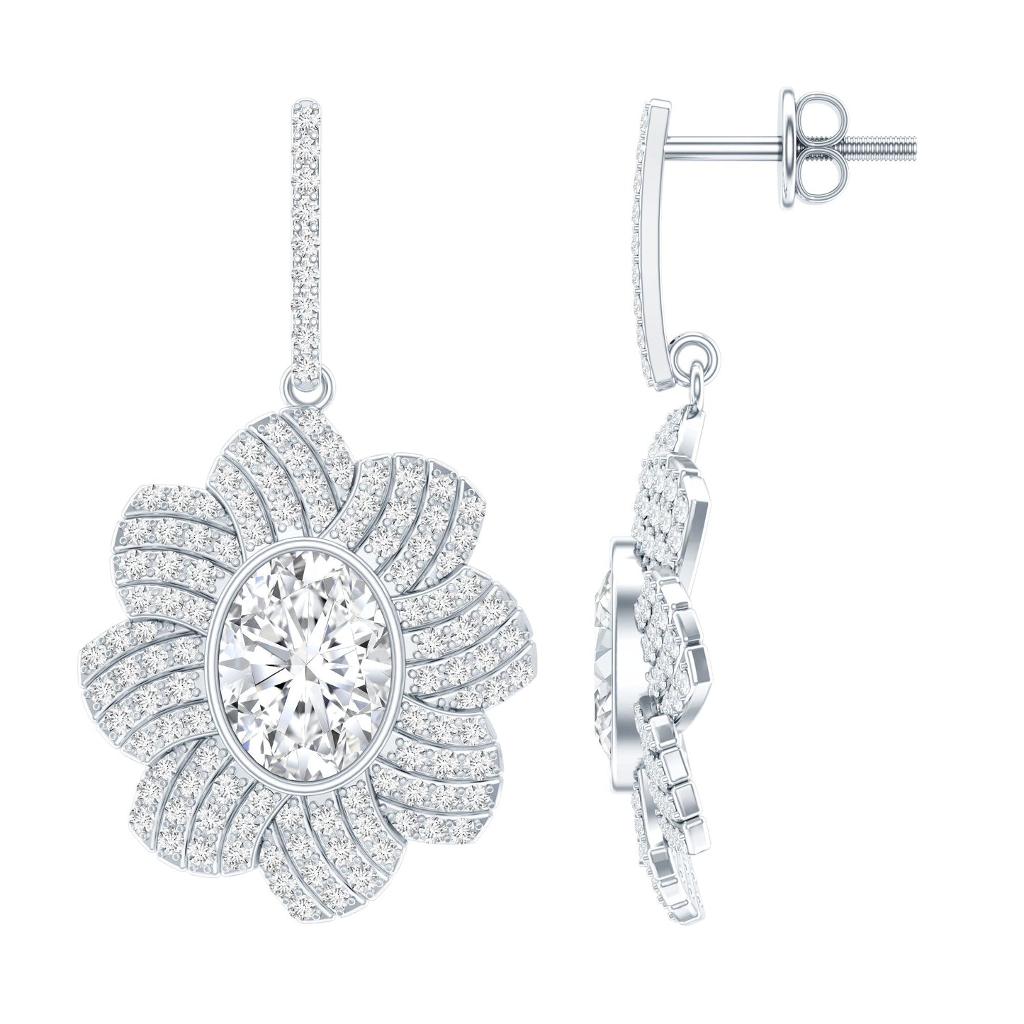 Bezel Set 2.5 Carat Oval Moissanite Flower Drop Earrings