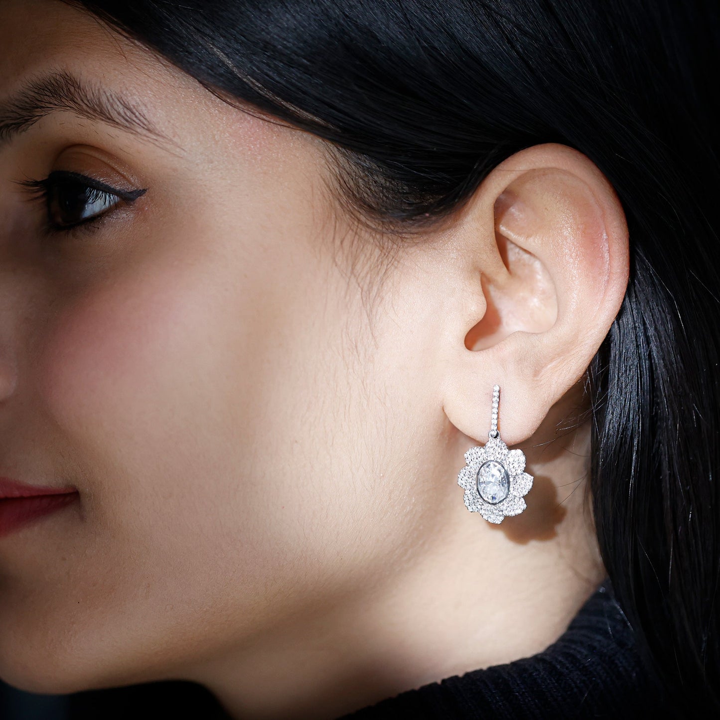Bezel Set 2.5 Carat Oval Moissanite Flower Drop Earrings