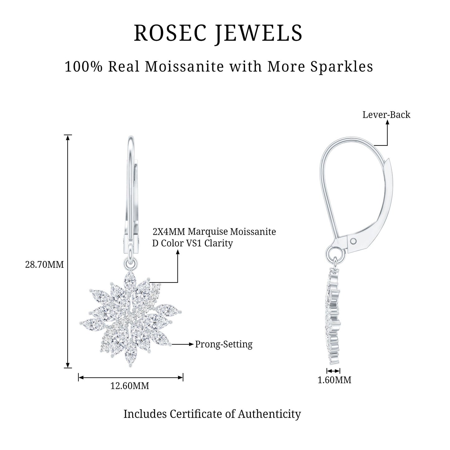 Sterling Silver Moissanite Drop Flower Earrings with Lever Back