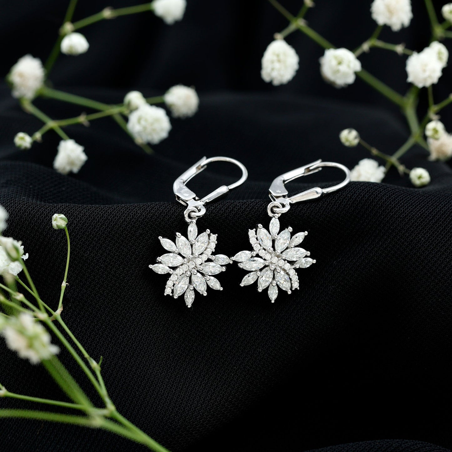 Sterling Silver Moissanite Drop Flower Earrings with Lever Back