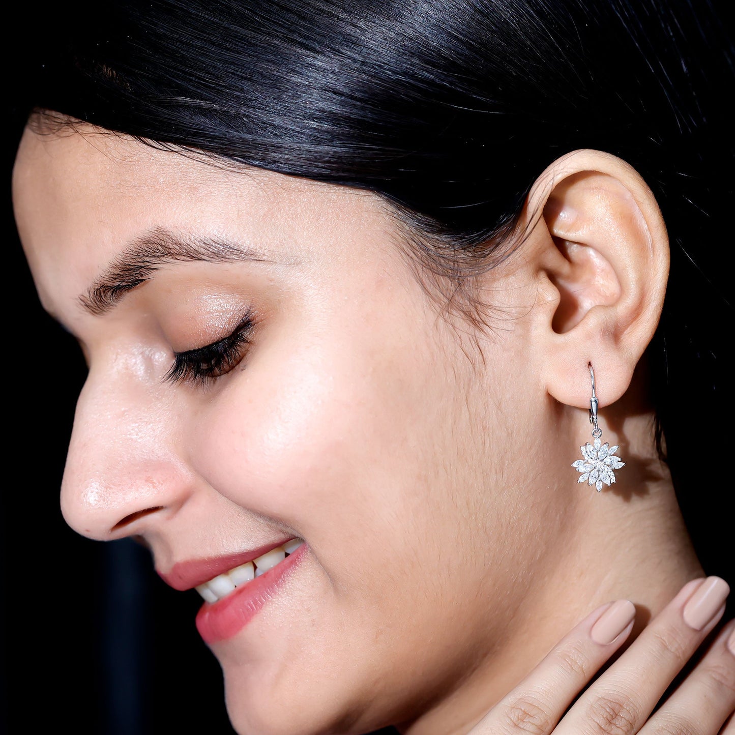 Sterling Silver Moissanite Drop Flower Earrings with Lever Back