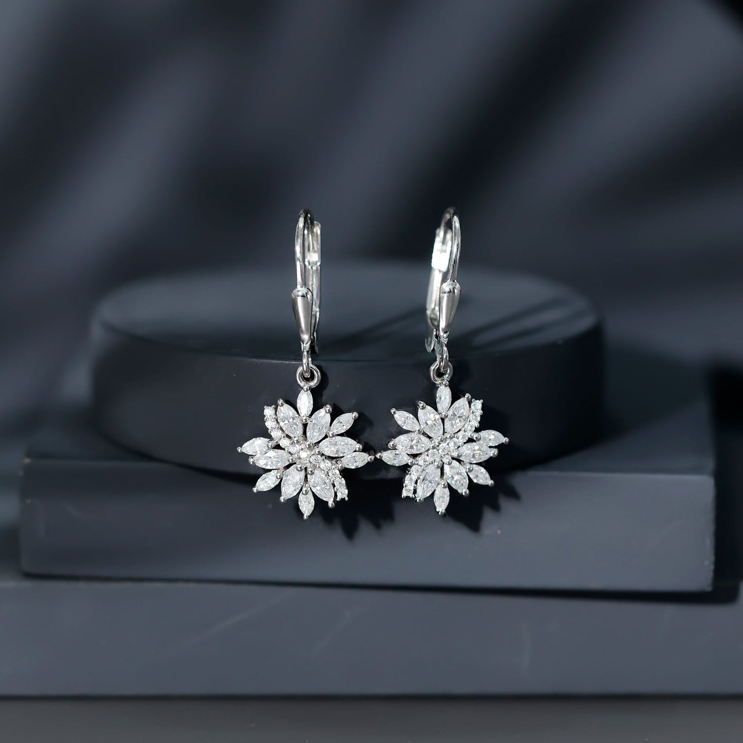 Sterling Silver Moissanite Drop Flower Earrings with Lever Back