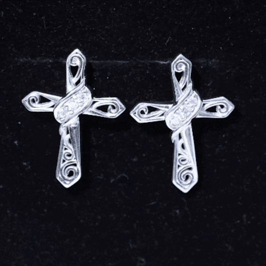 Certified Moissanite Vintage Cross Stud Earrings in Silver