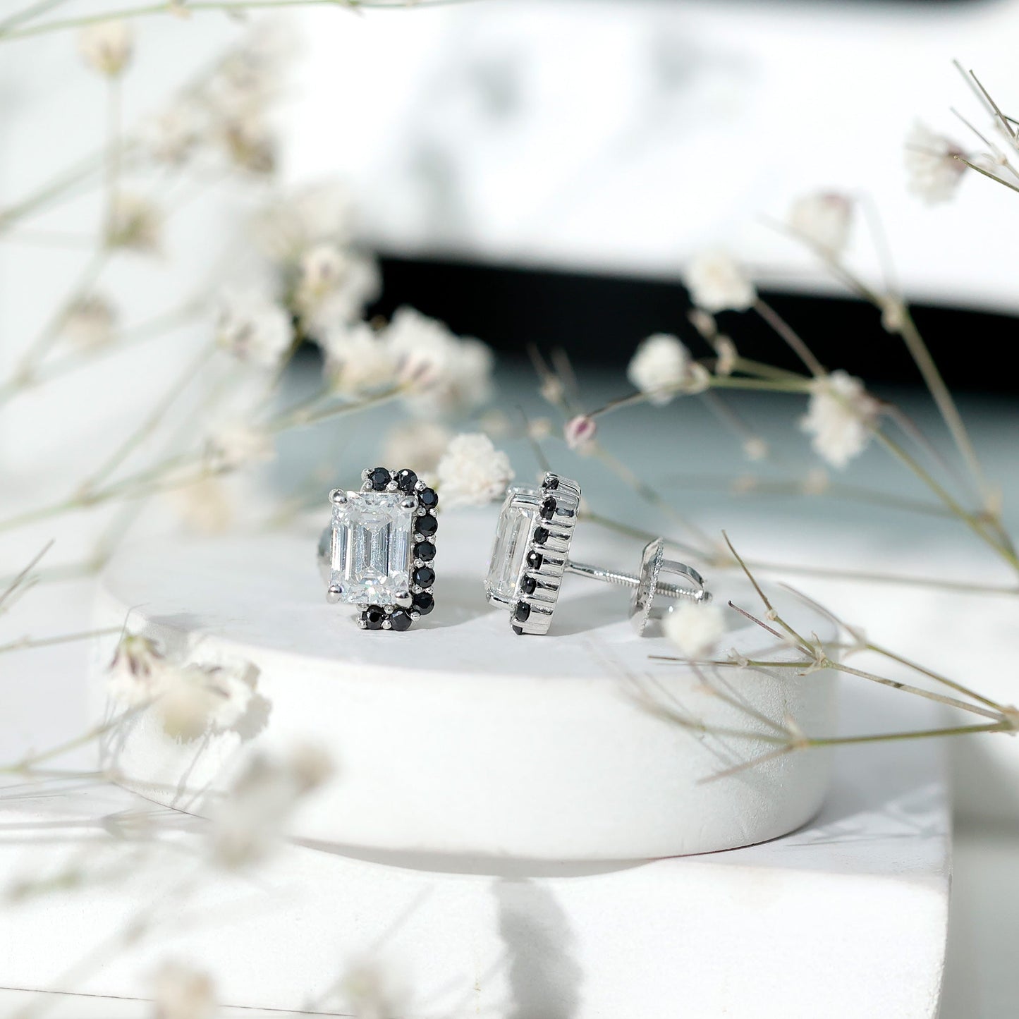 Certified 3.4 Carat Moissanite Stud Earrings with Lab Grown Black Diamond