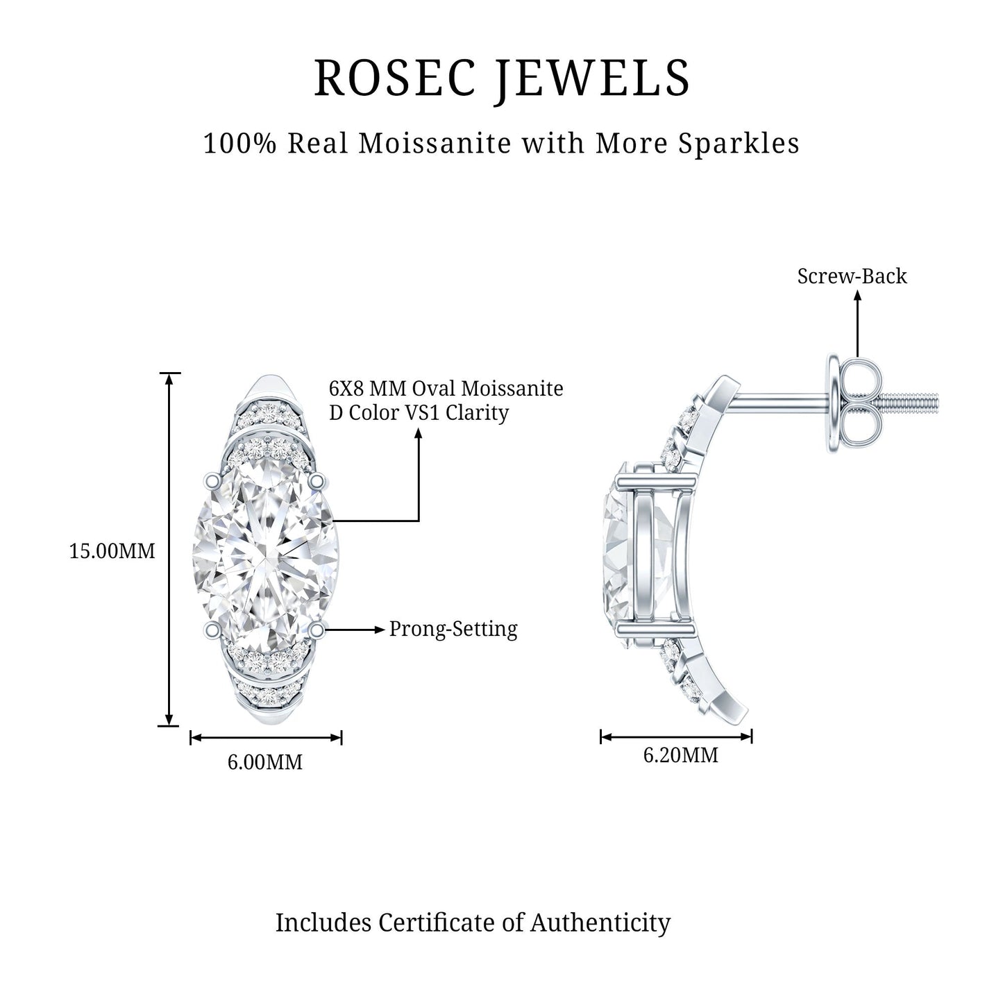 2.5 Carat Moissanite Art Deco Stud Earrings in 14K Gold Plated Silver