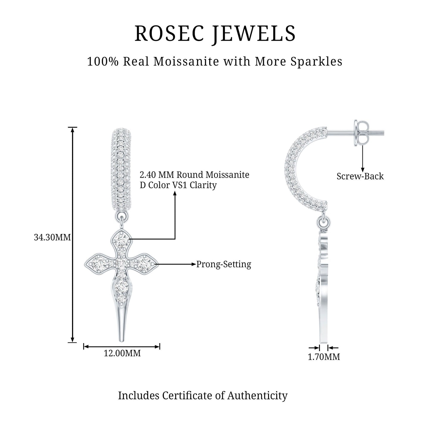 Vintage Inspired Moissanite Cross Dangle Earrings in Silver