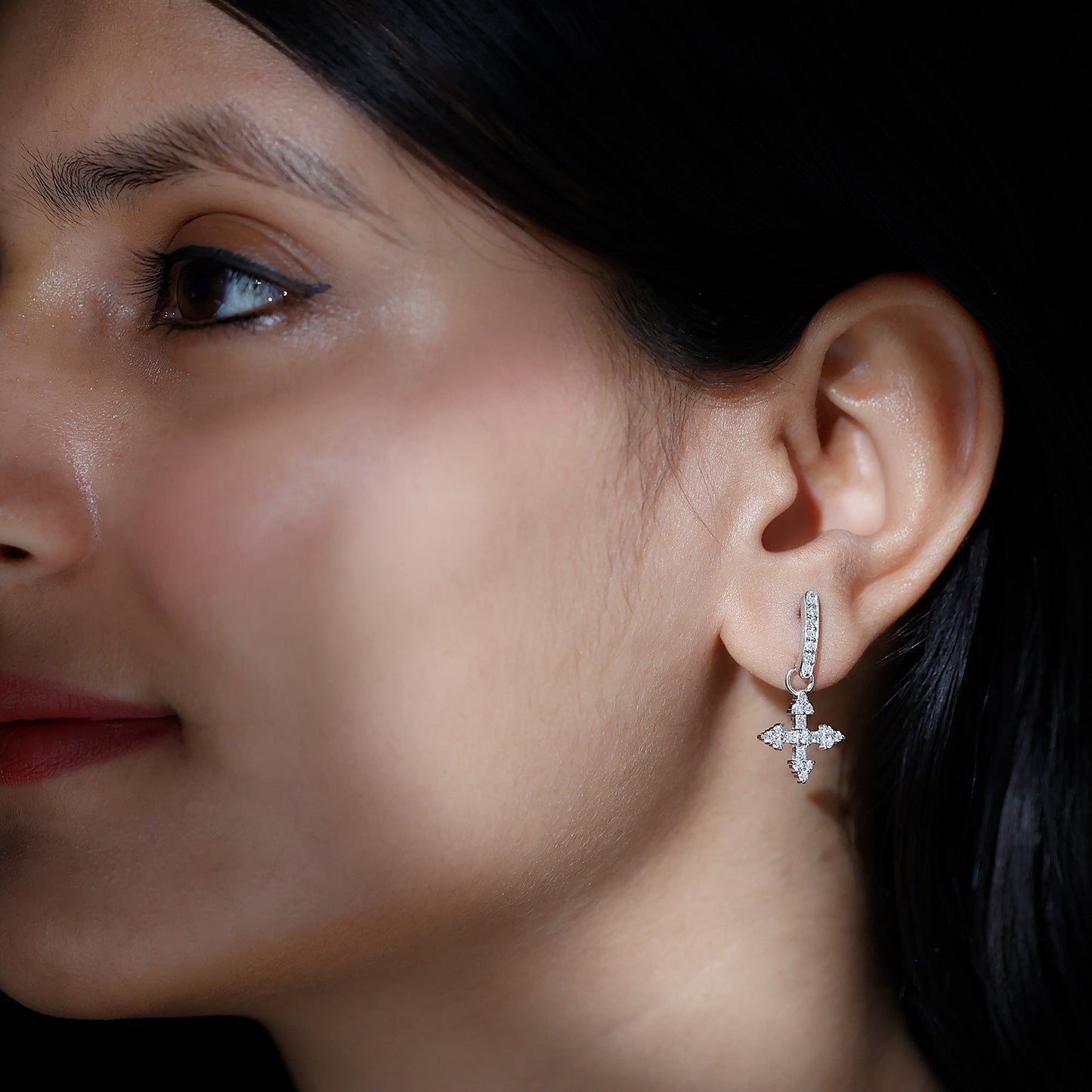 Certified Moissanite Cross Drop Earrings in Sterling Silver