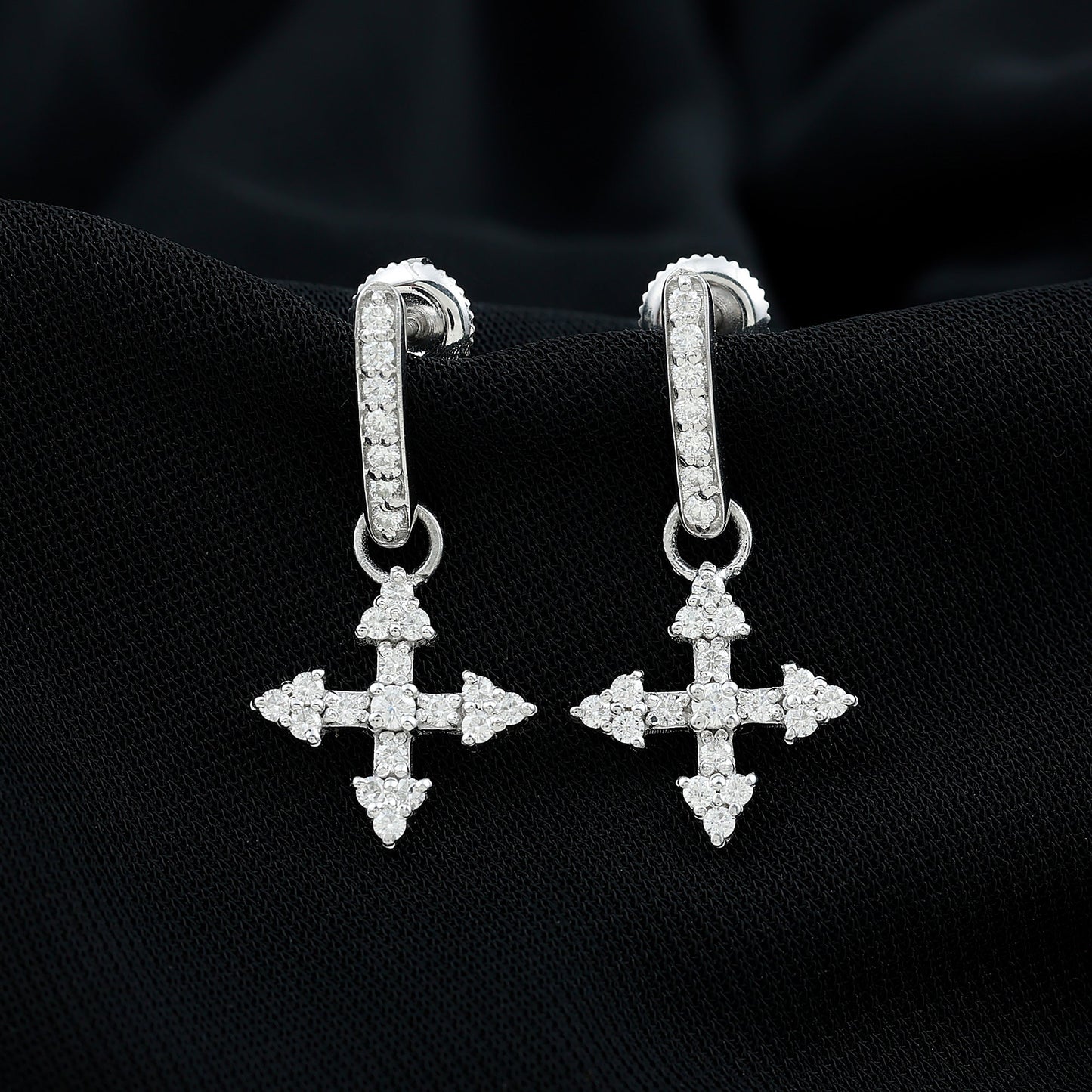 Certified Moissanite Cross Drop Earrings in Sterling Silver