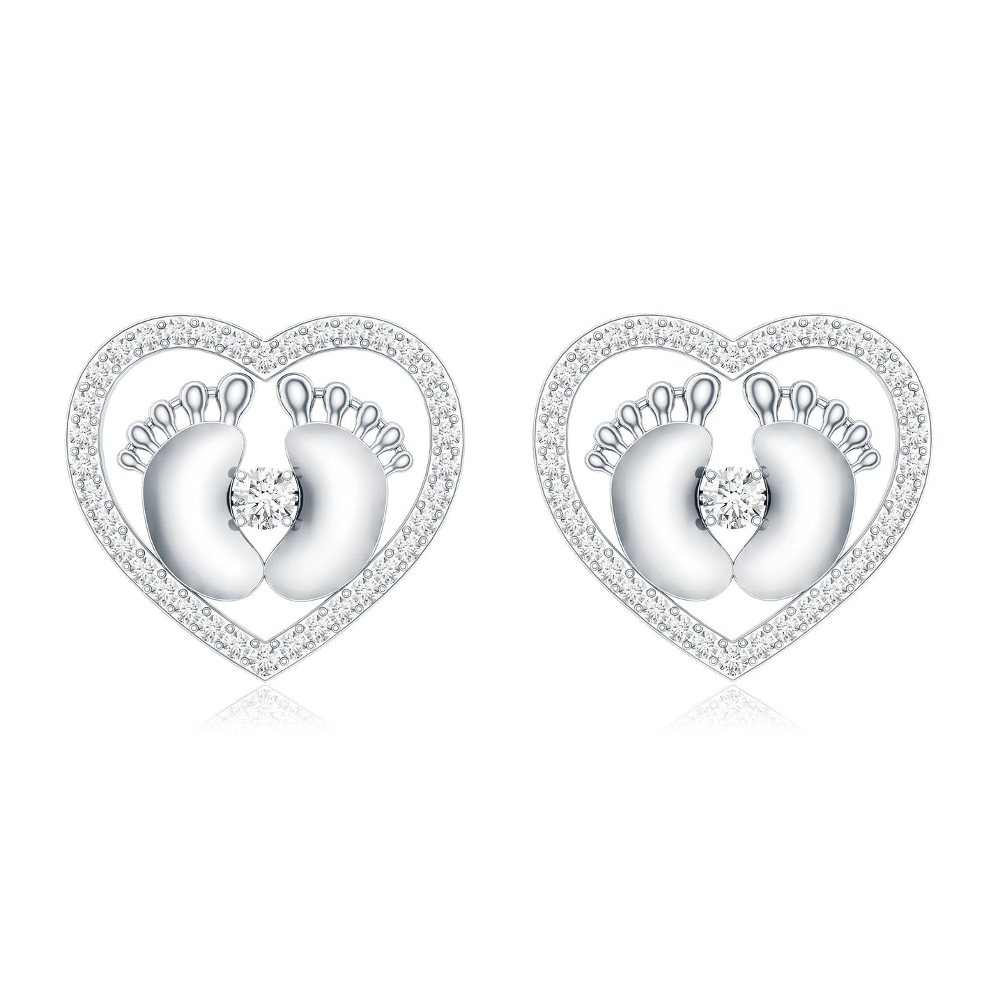 Diamond Heart Stud Earrings with Baby Feet