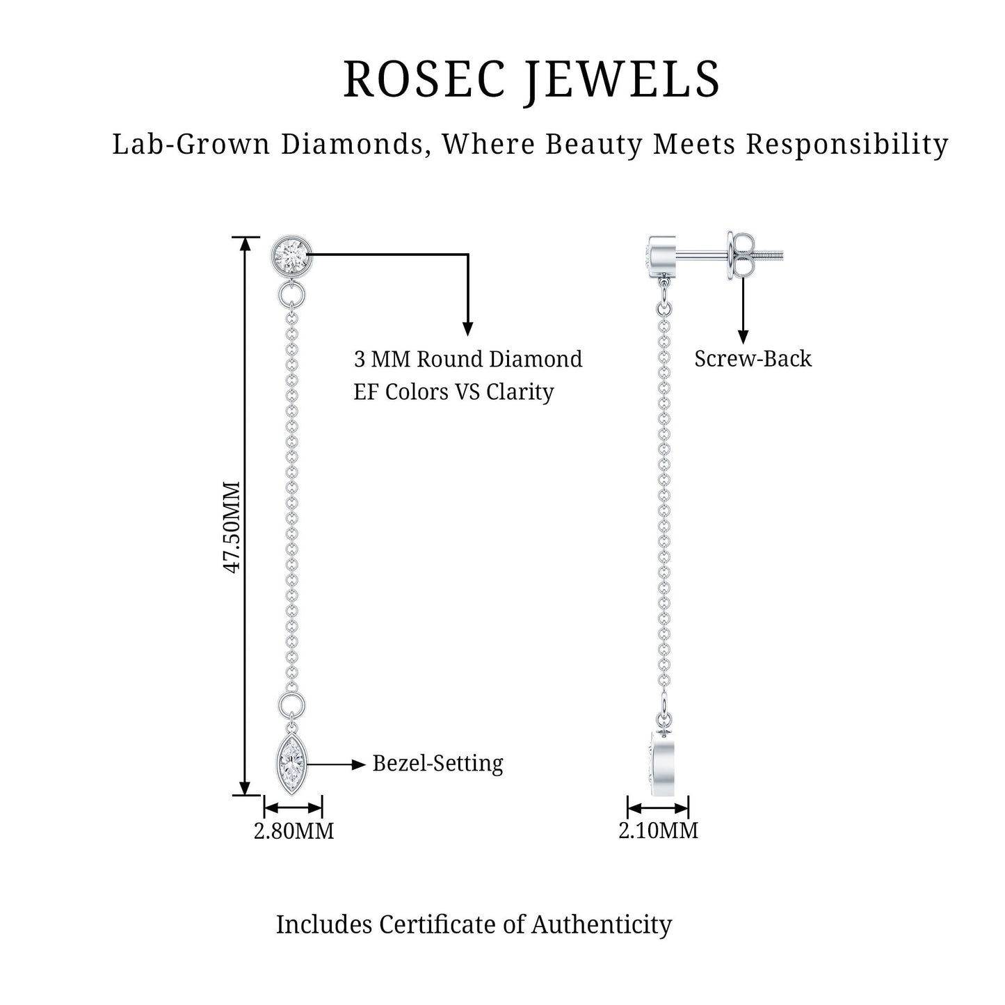Certified Diamond Dangle Chain Earrings in Bezel Setting