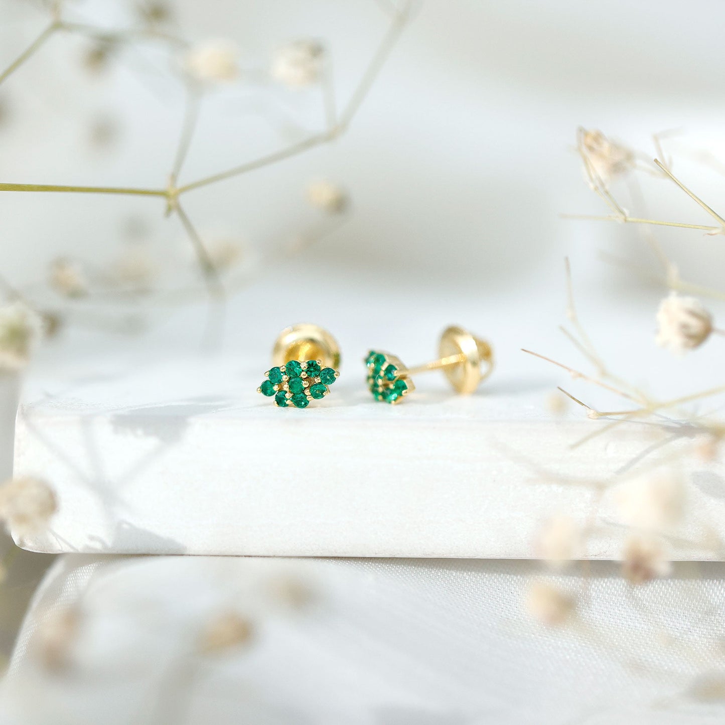 Lab Grown Emerald Stud Earrings in Yellow Gold Plated Silver