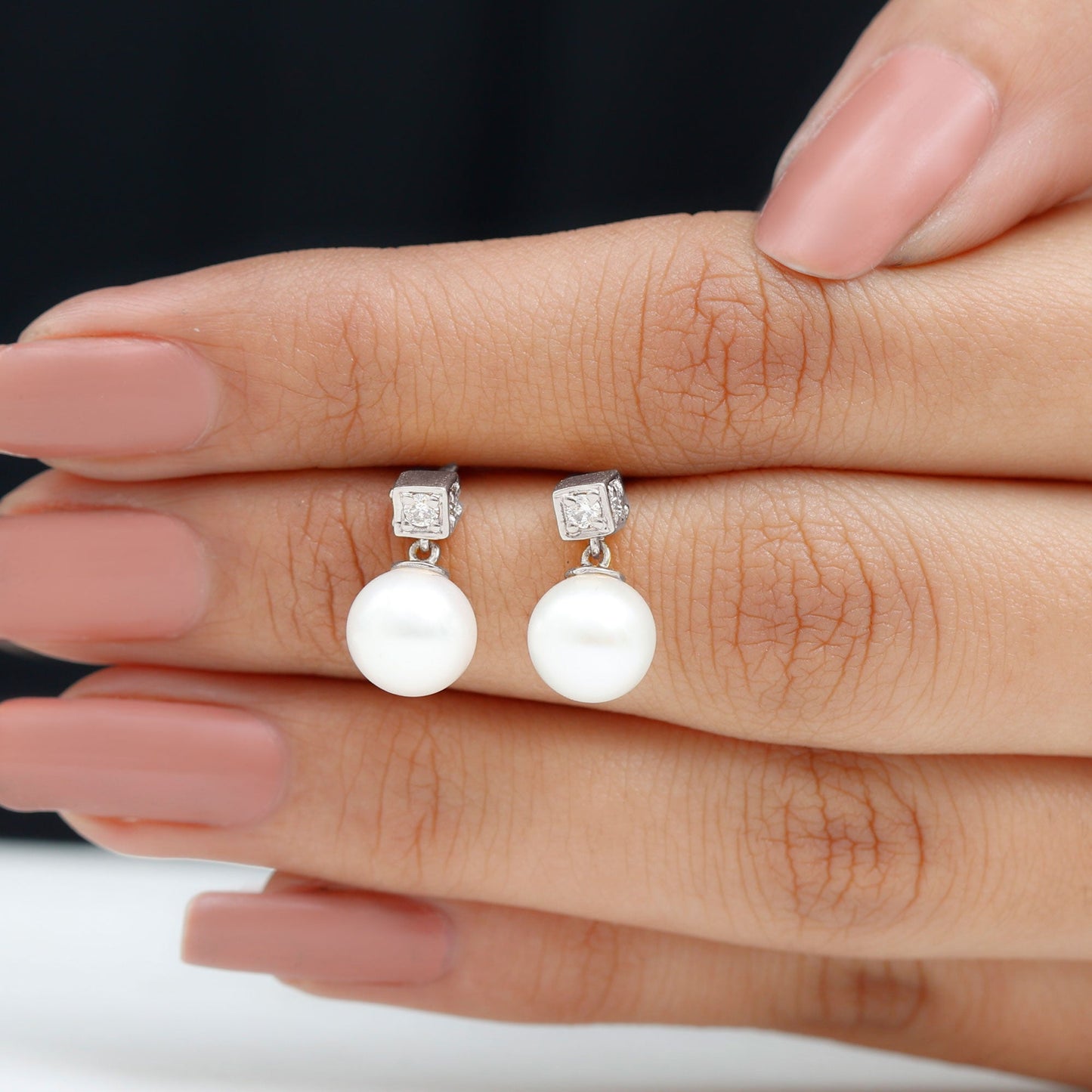 Real Freshwater Pearl and Diamond Drop Earrings