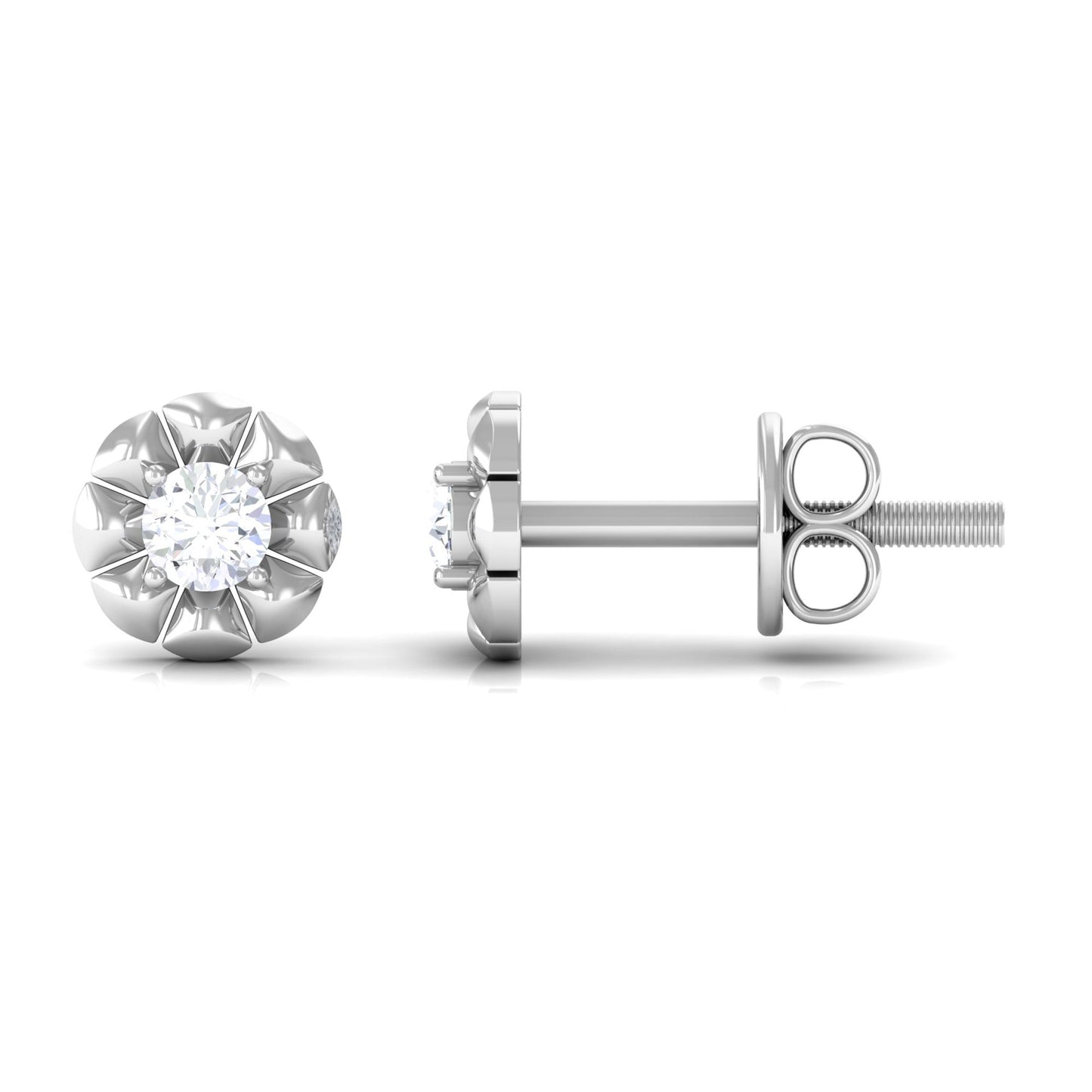 Natural Diamond Cute Flower Stud Earrings with Screw Back