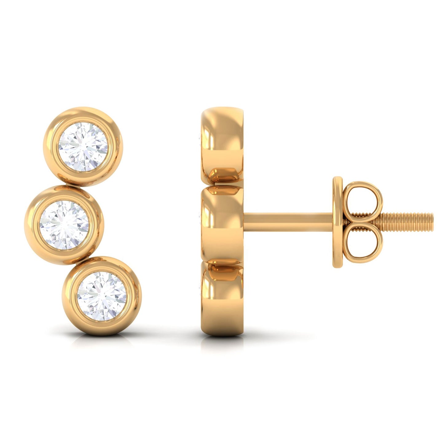 Bezel Set Round Moissanite Three Stone Stud Earrings