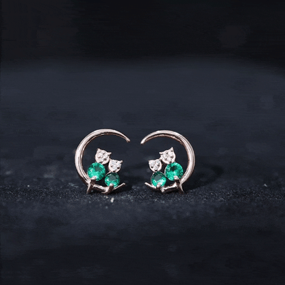 Lab Created Emerald Cat and Moon Stud Earrings