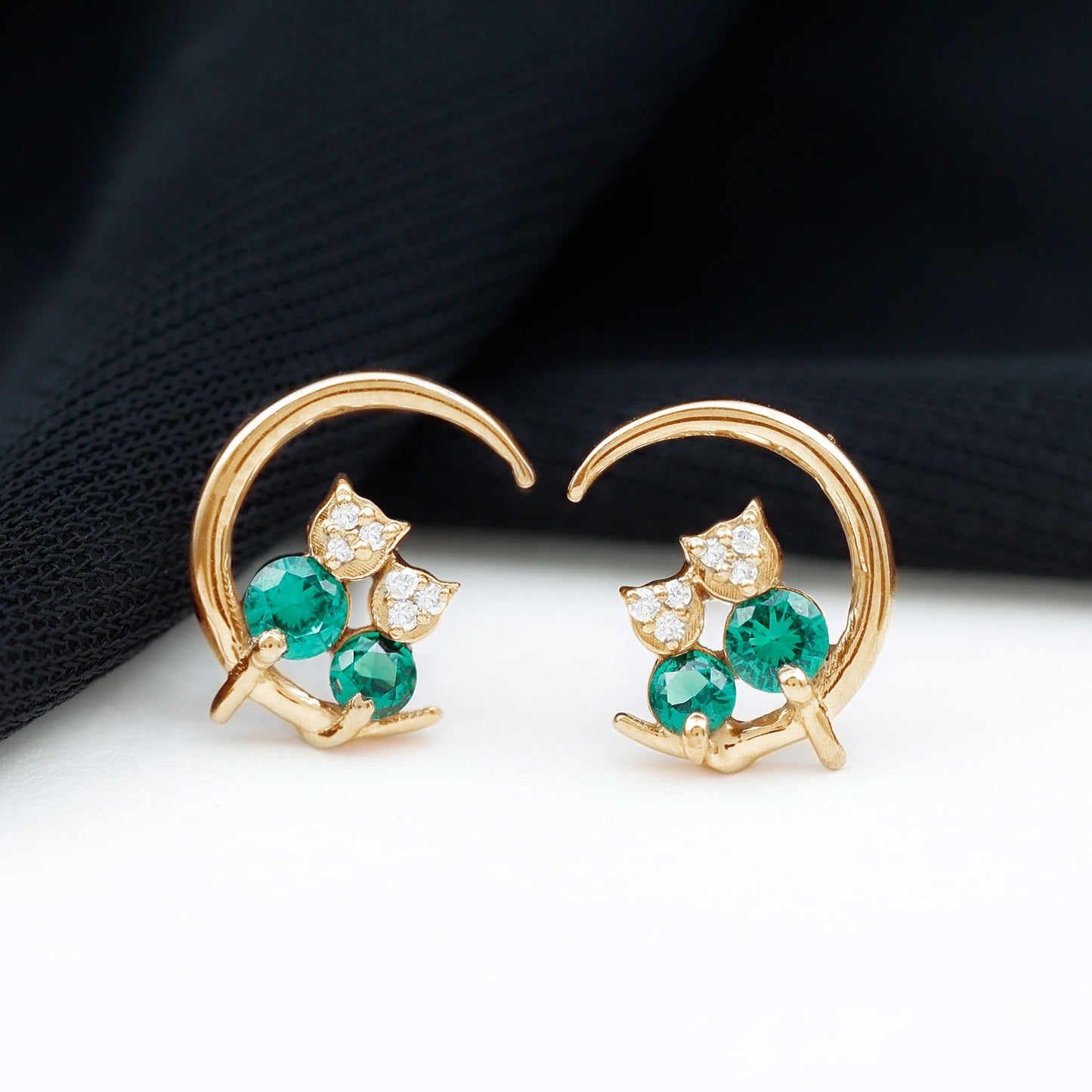 Lab Created Emerald Cat and Moon Stud Earrings
