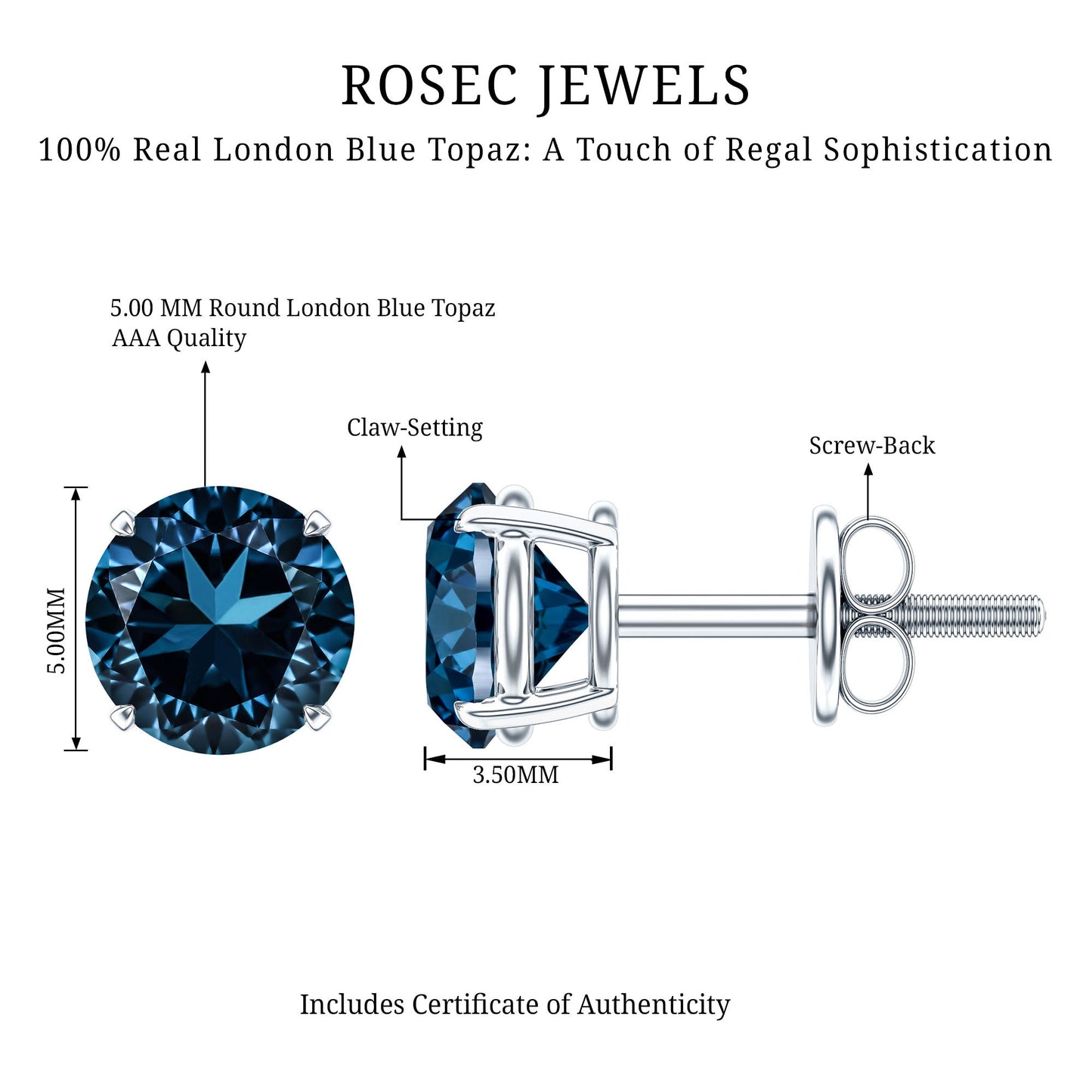 Genuine London Blue Topaz Solitaire Stud Earrings in Prong Setting