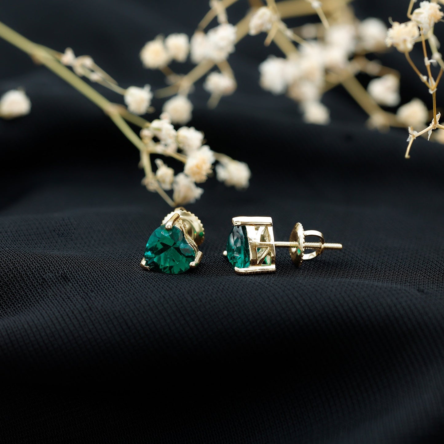 7MM Heart Shape Lab Created Emerald Solitaire Stud Earrings