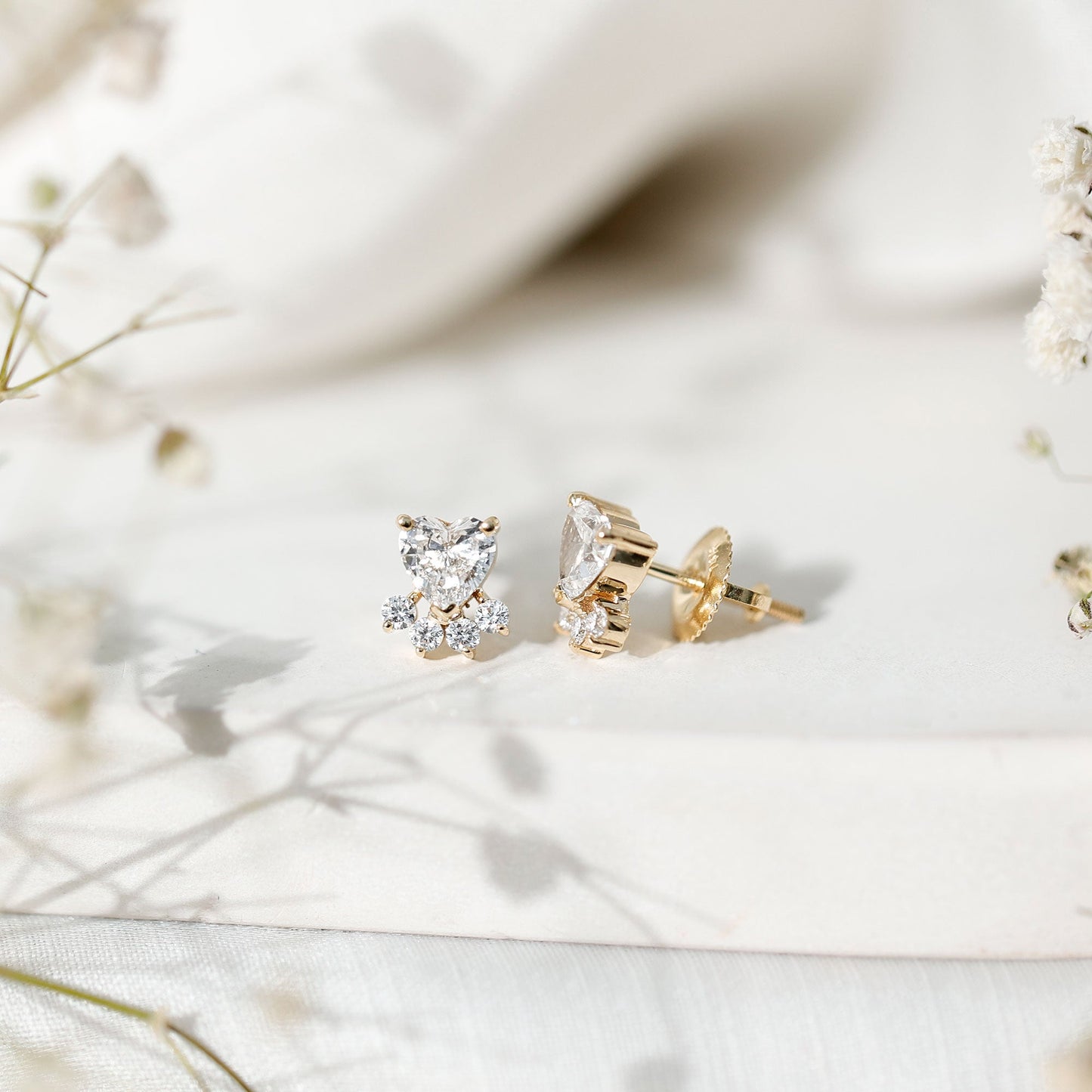 Heart and Round Shape Moissanite Paw Stud Earrings