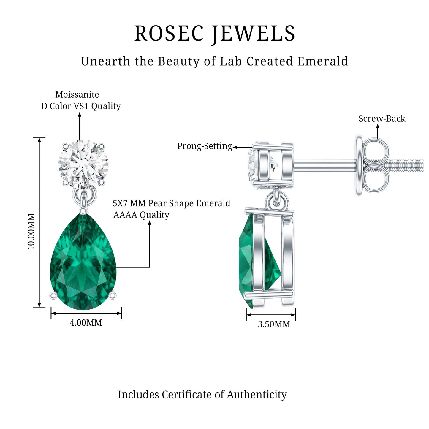 Pear Cut Lab Created Emerald and Moissanite Teardrop Earrings