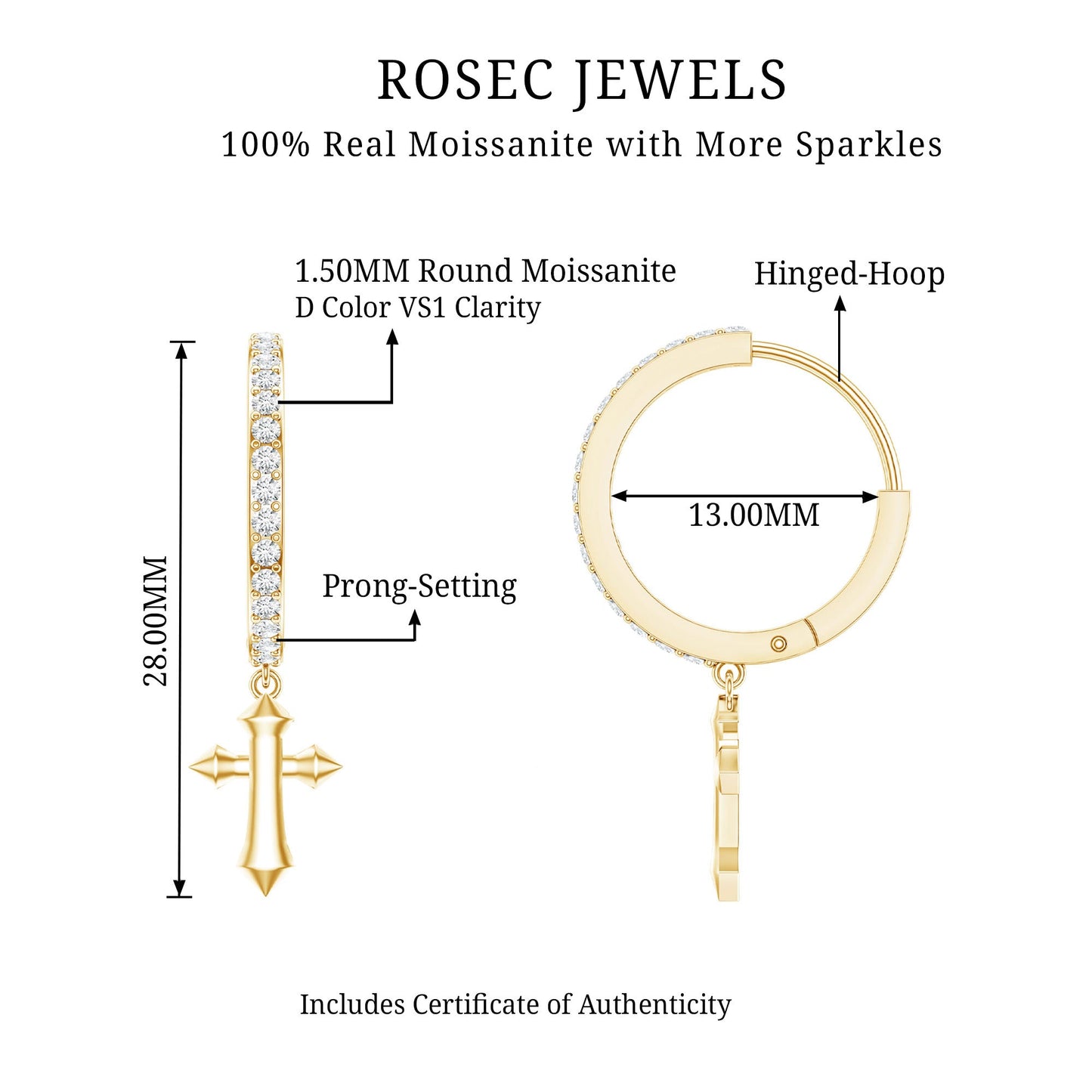 Certified Moissanite Cross Drop Earrings
