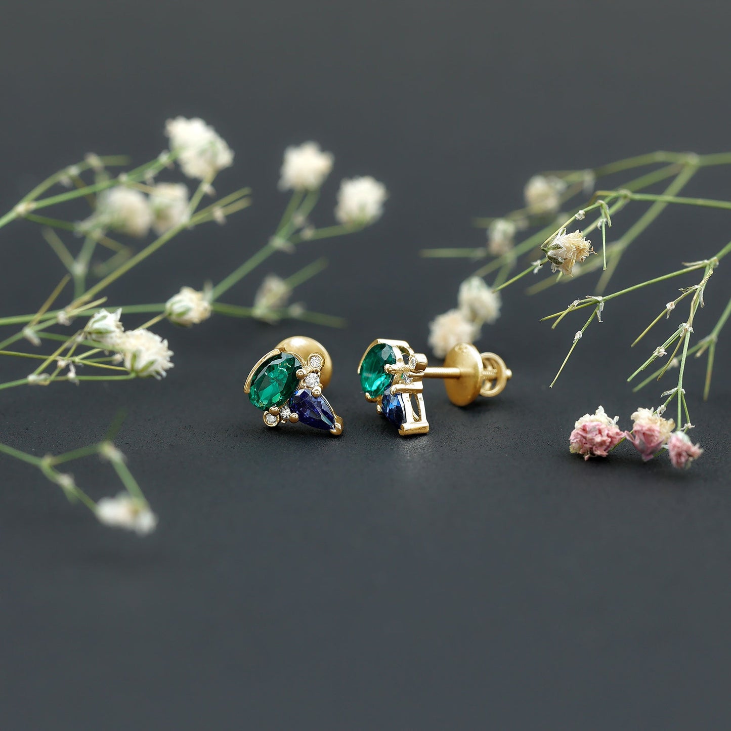 Lab Grown Emerald and Blue Sapphire Bridal Stud Earring with Certificate
