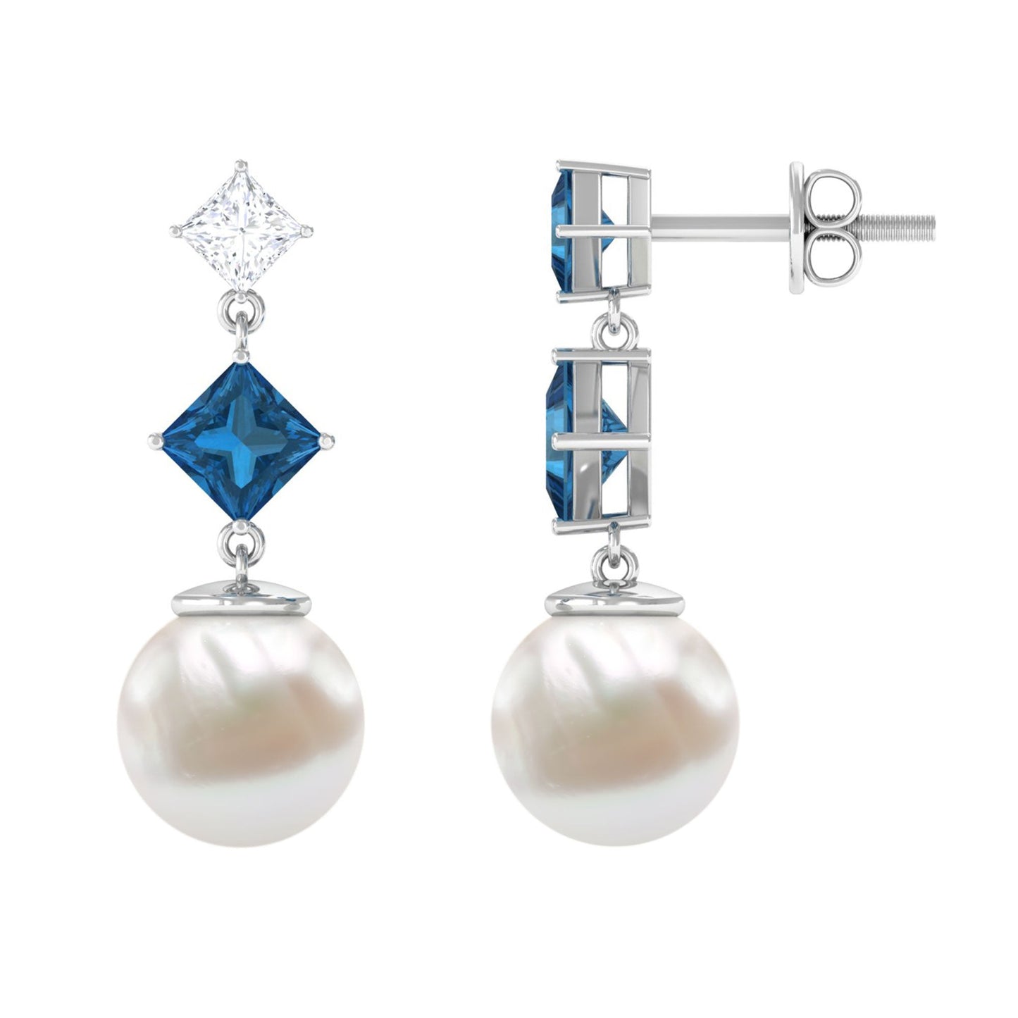 14.9 CT Freshwater Pearl and London Blue Topaz Dangle Drop Earrings with Moissanite