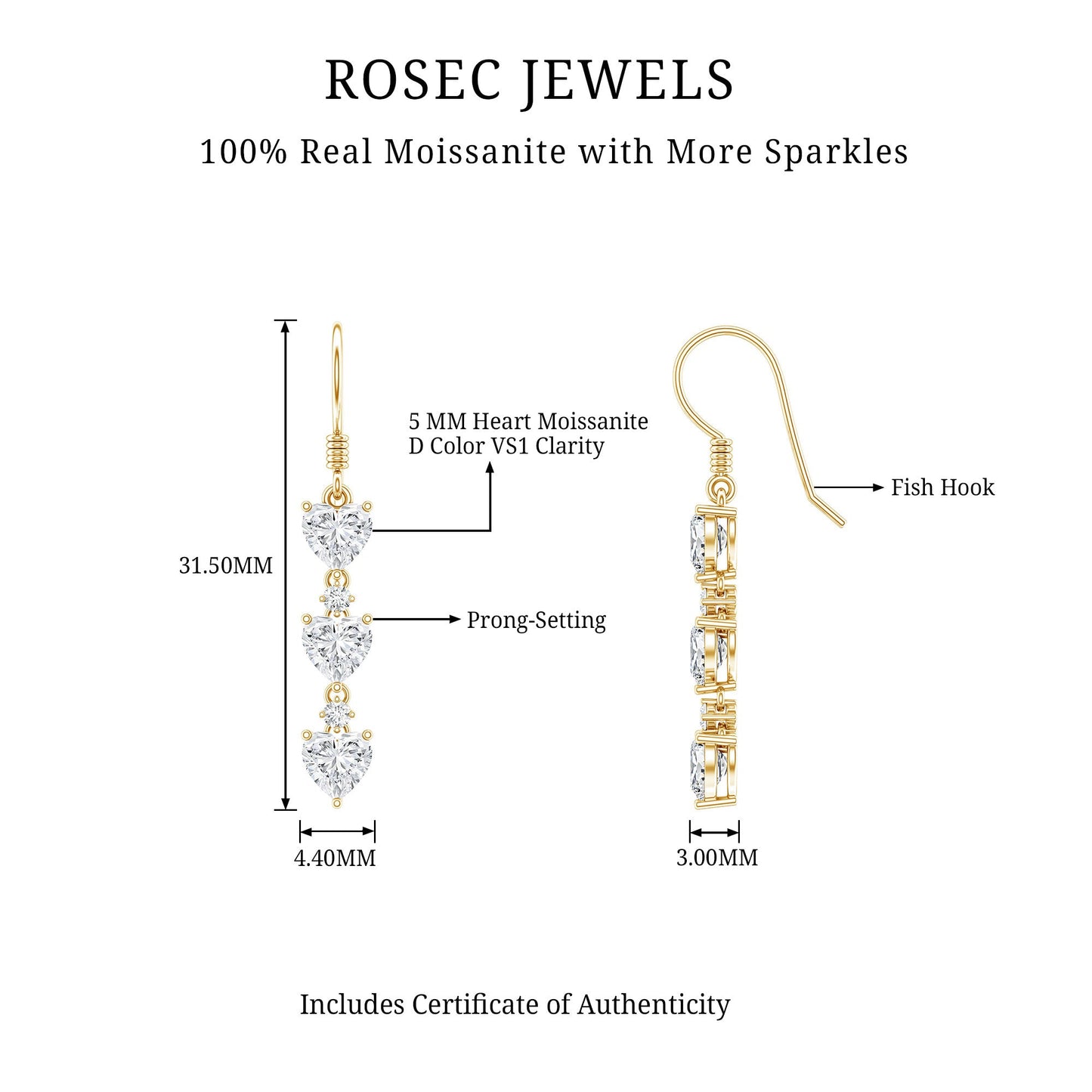 Heart and Round Shape Moissanite Dangle Earrings
