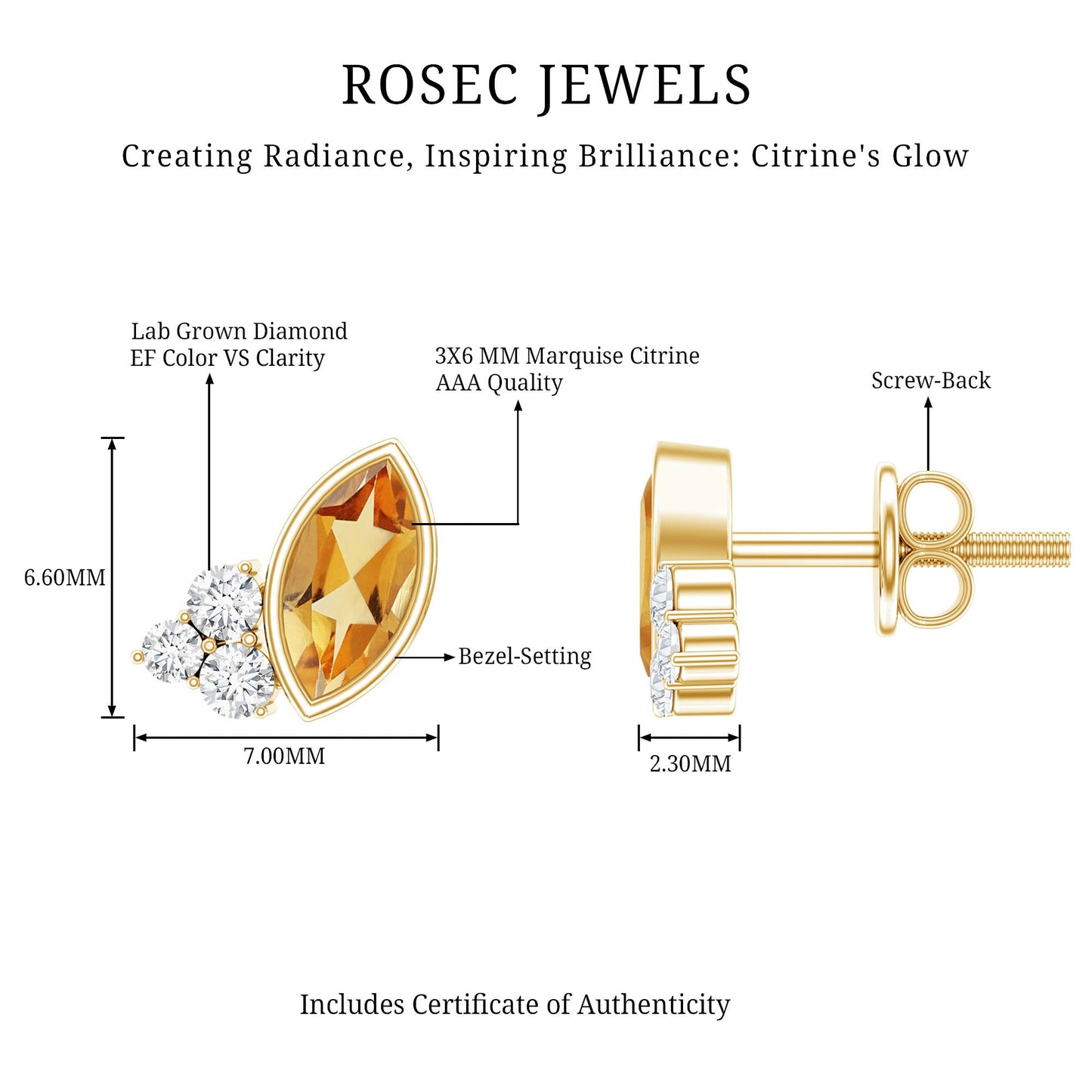 Bezel Set Citrine Marquise Stud Earrings with Diamonds