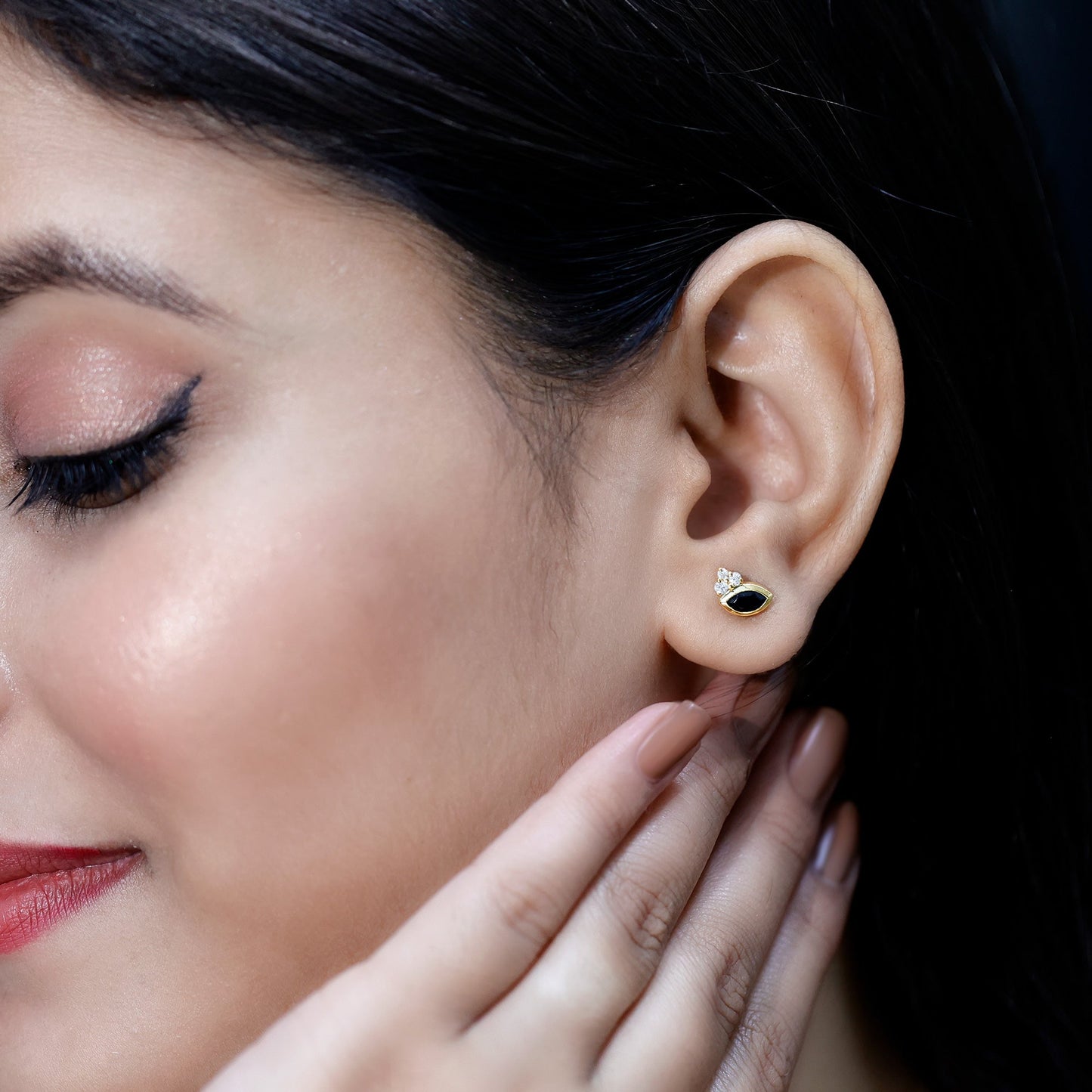 Natural Black Onyx Stud Earrings with Diamond Trio