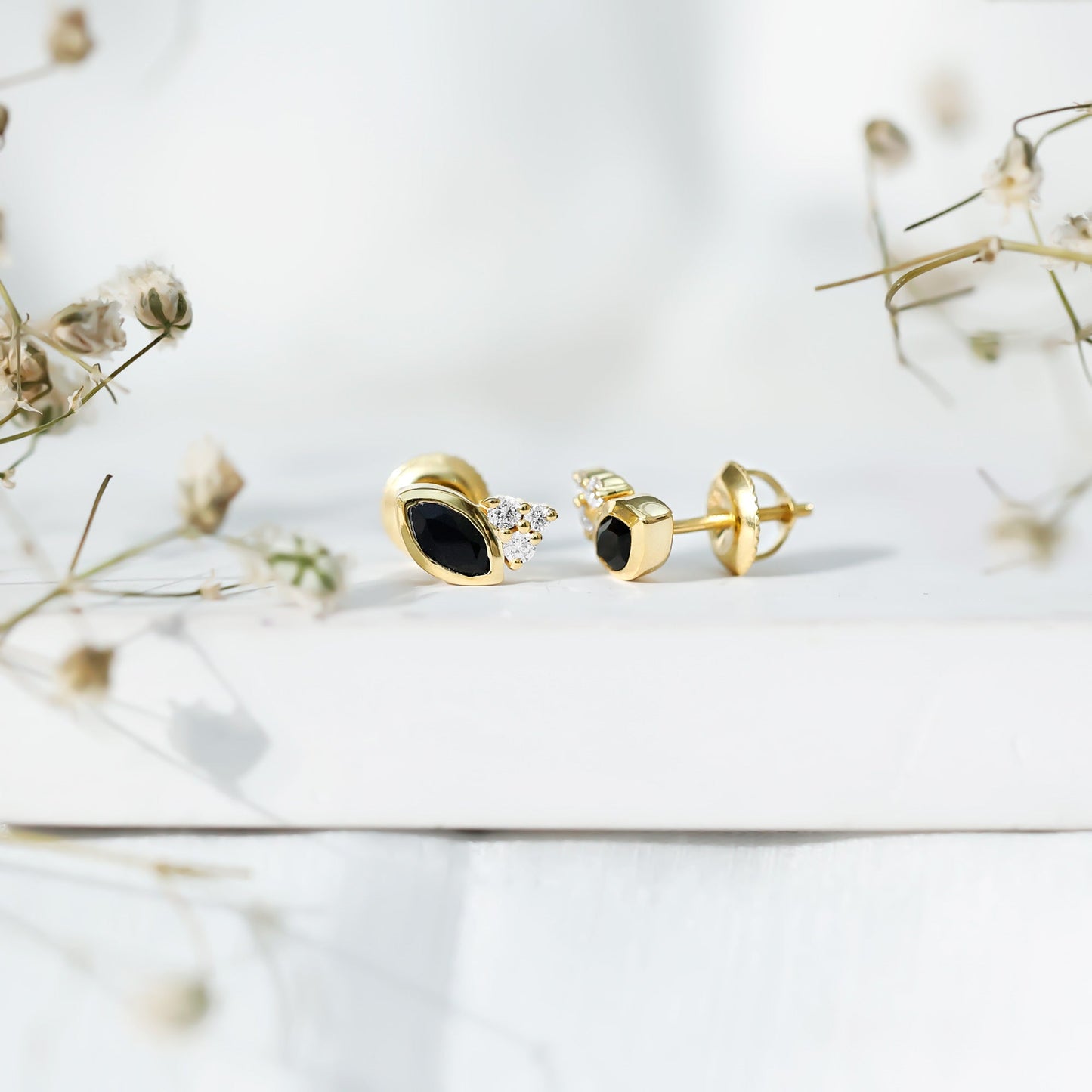 Marquise Cut Black Spinel Stud Earrings with Diamonds