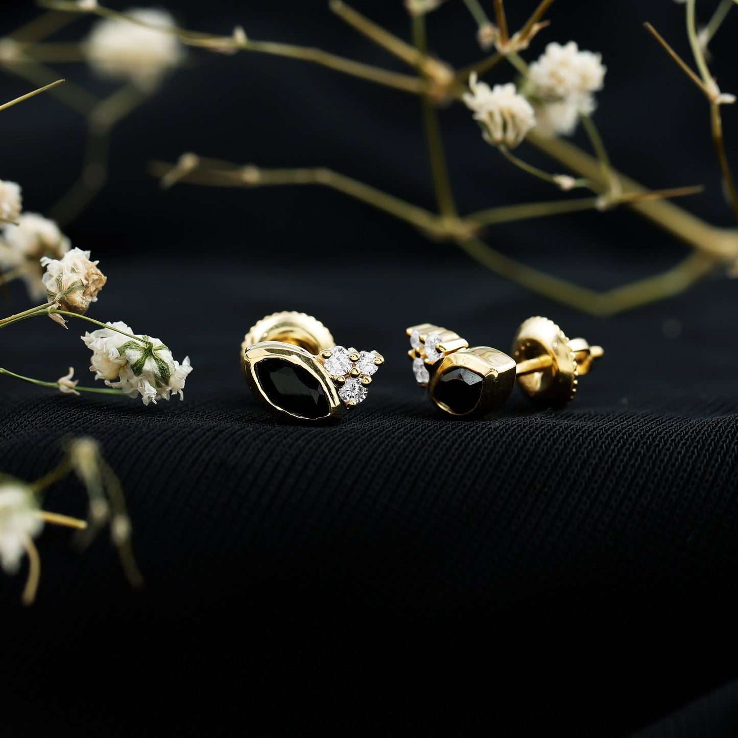 Marquise Cut Black Spinel Stud Earrings with Diamonds