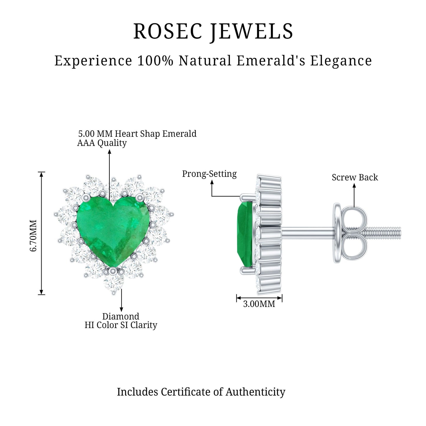 Natural Emerald Heart Stud Earrings with Diamond Halo