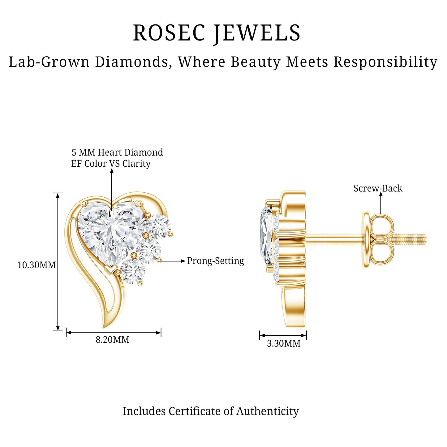 Heart Shape Lab Grown Diamond Minimal Stud Earrings with Screw Back