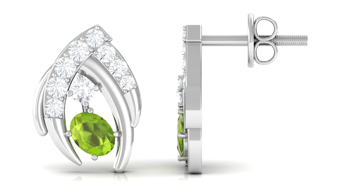 Natural Peridot Stud Earrings with Diamond for Women