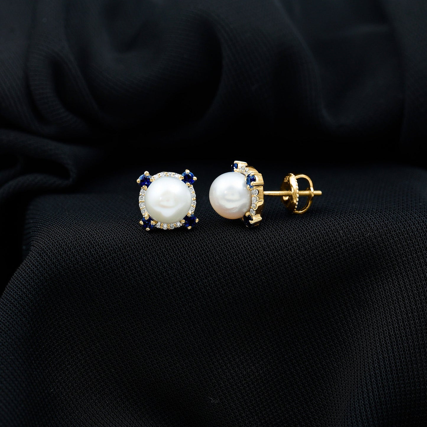 Natural Freshwater Pearl Vintage Earrings With Blue Sapphire