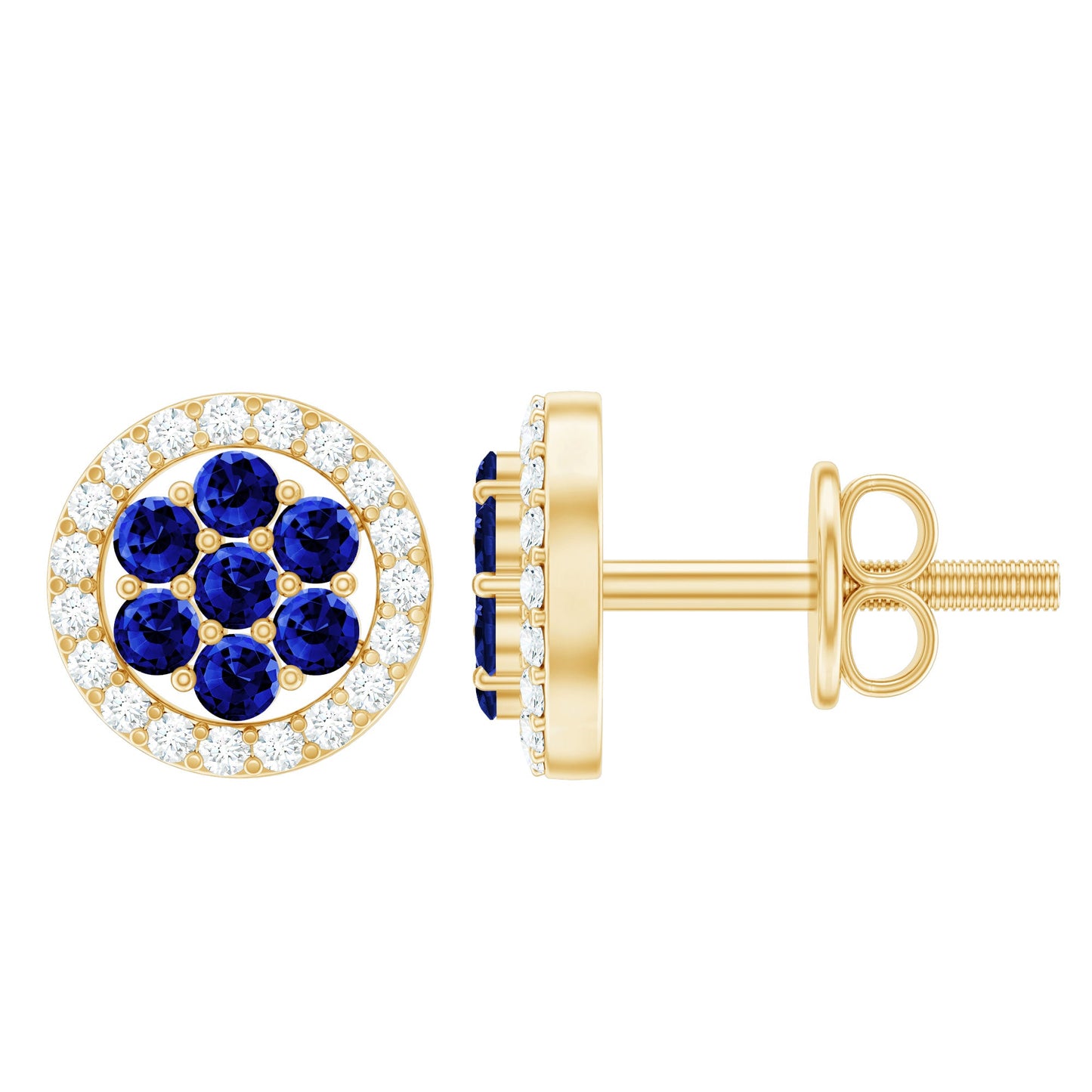 Lab Created Blue Sapphire Flower Earrings with Diamond Halo