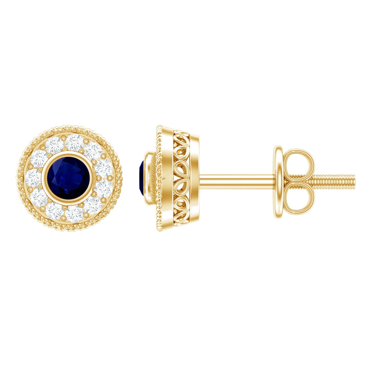 Antique Blue Sapphire and Diamond Halo Stud Earrings