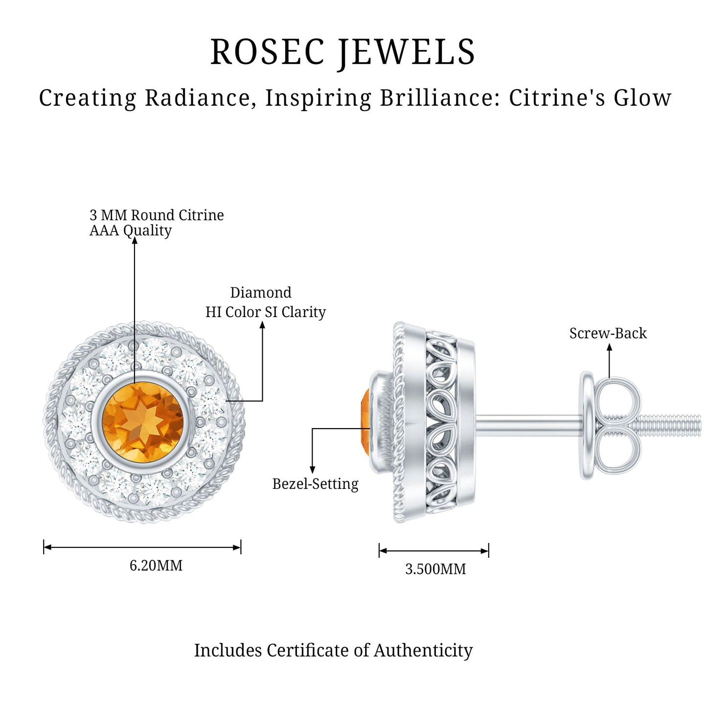 Round Citrine Halo Stud Earrings with Diamonds