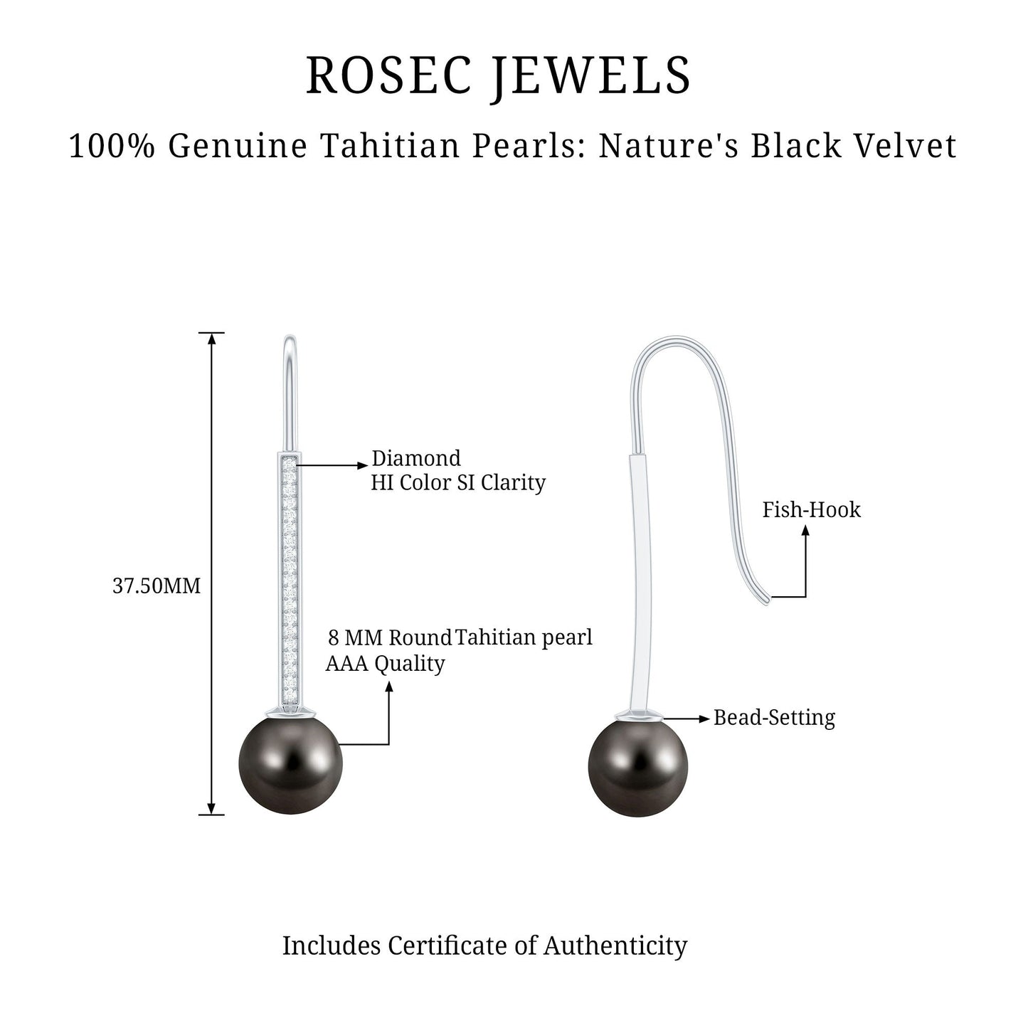 Genuine 15 CT Tahitian Black Pearl and Diamond Dangle Drop Earrings