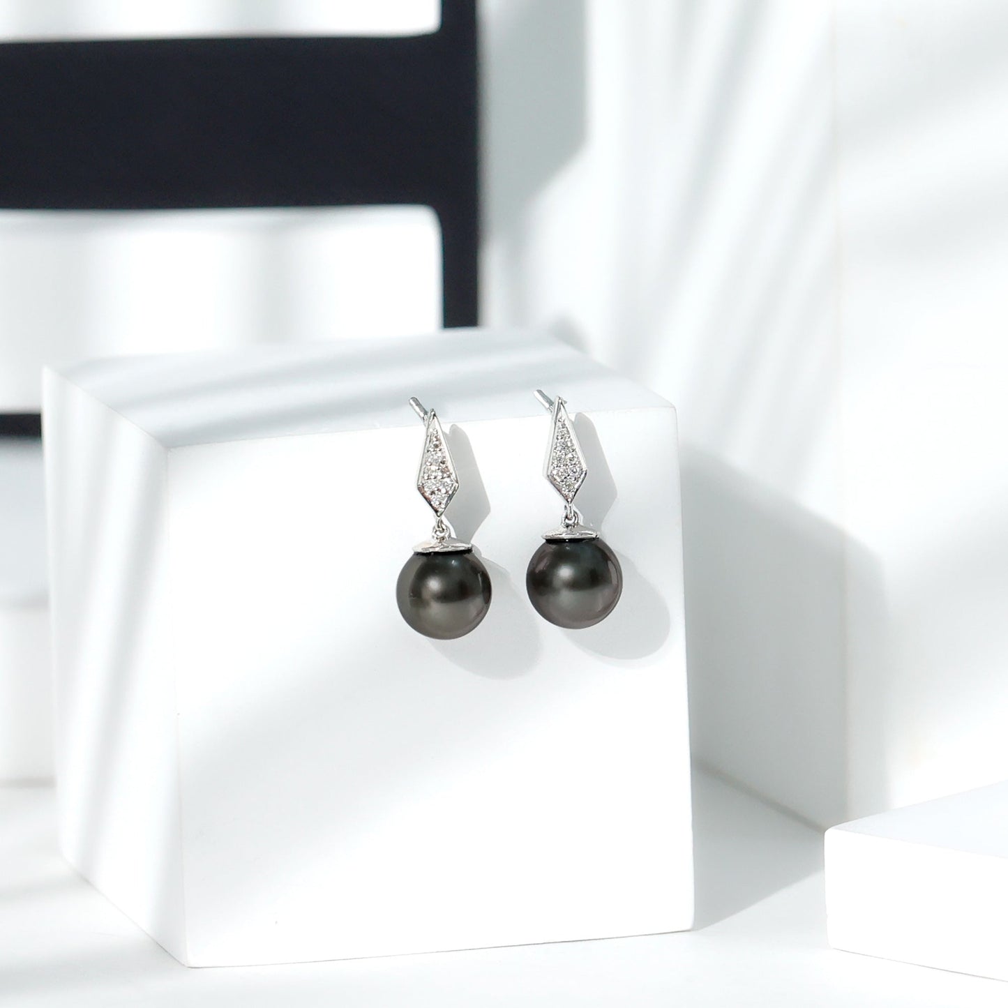 Art Deco Inspired Tahitian Pearl and Diamond Drop Earrings