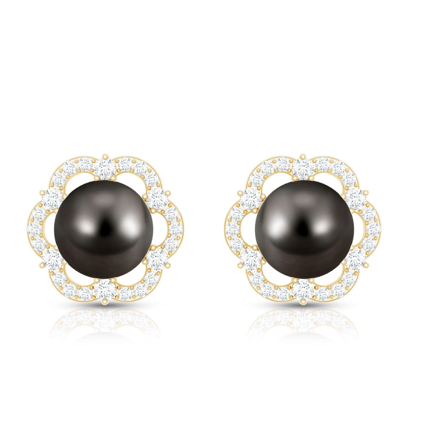 15 CT Tahitian Black Pearl and Diamond Flower Stud Earrings