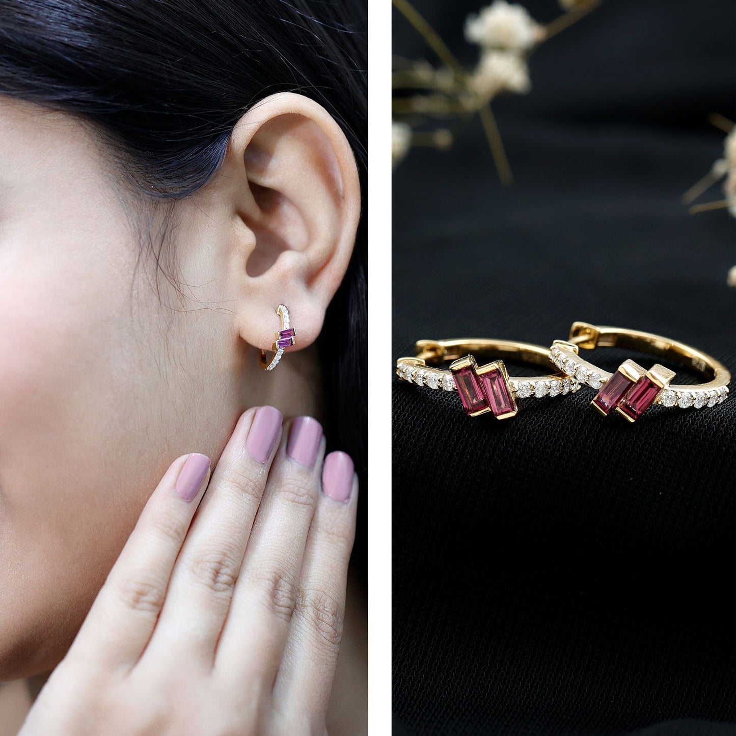 Rhodolite Garnet and Diamond Hoop Earrings in Gold Plated Silver
