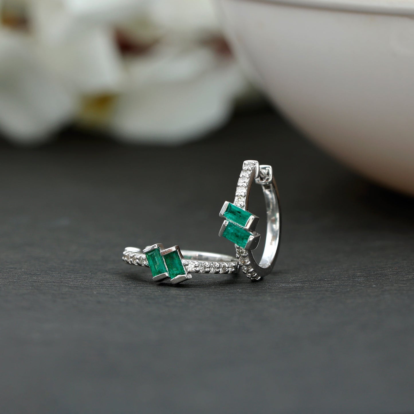 Baguette Emerald and Diamond Hoop Earrings For Women