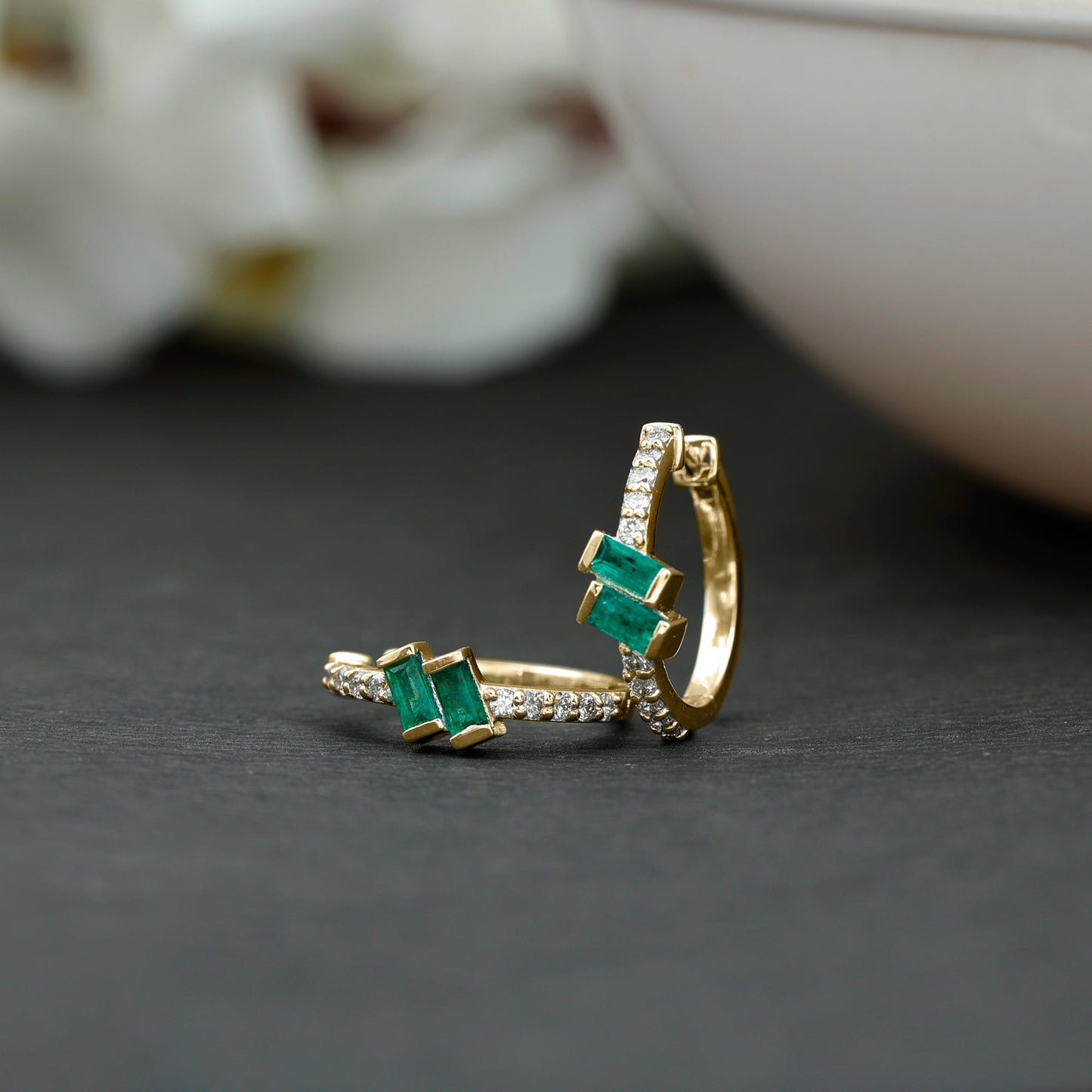 Baguette Emerald and Diamond Hoop Earrings For Women