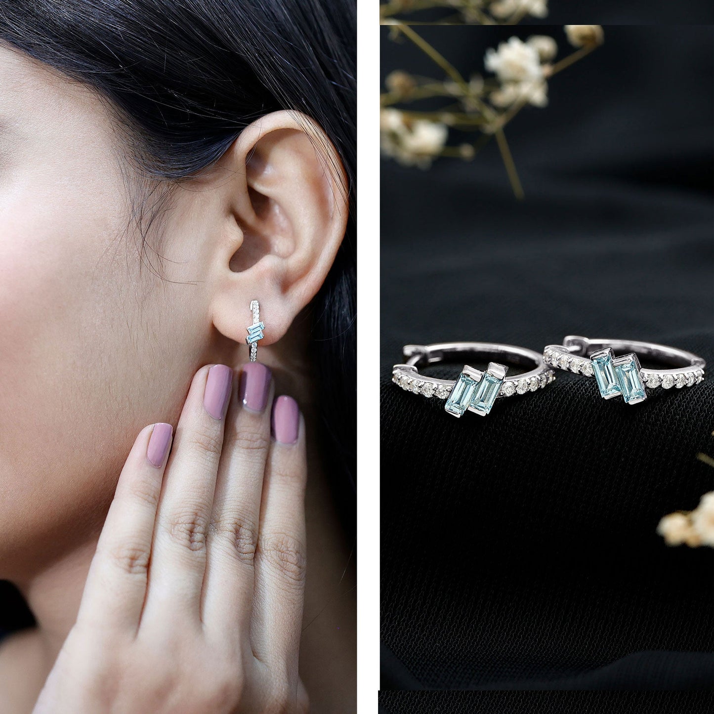 Natural Half Carat Aquamarine Hoop Earrings with Lab Diamond