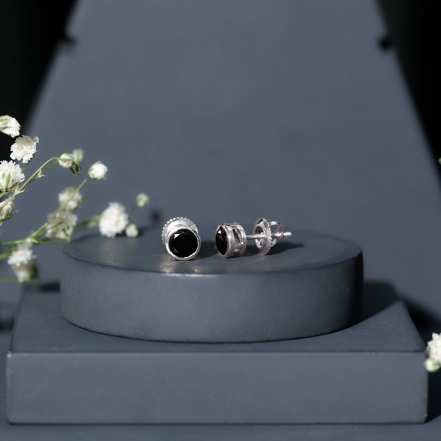 1.6 Carat Created Black Diamond Solitaire Stud Earring in Bezel Setting